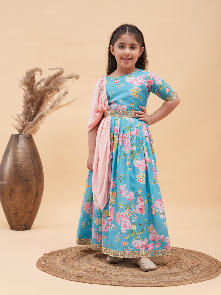 VASTRAMAY Girl's Aqua Blue Floral Print Lehenga Set - qivii