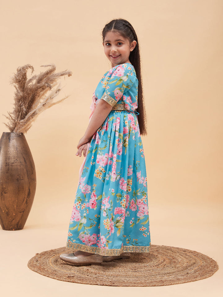 VASTRAMAY Girl's Aqua Blue Floral Print Lehenga Set - qivii