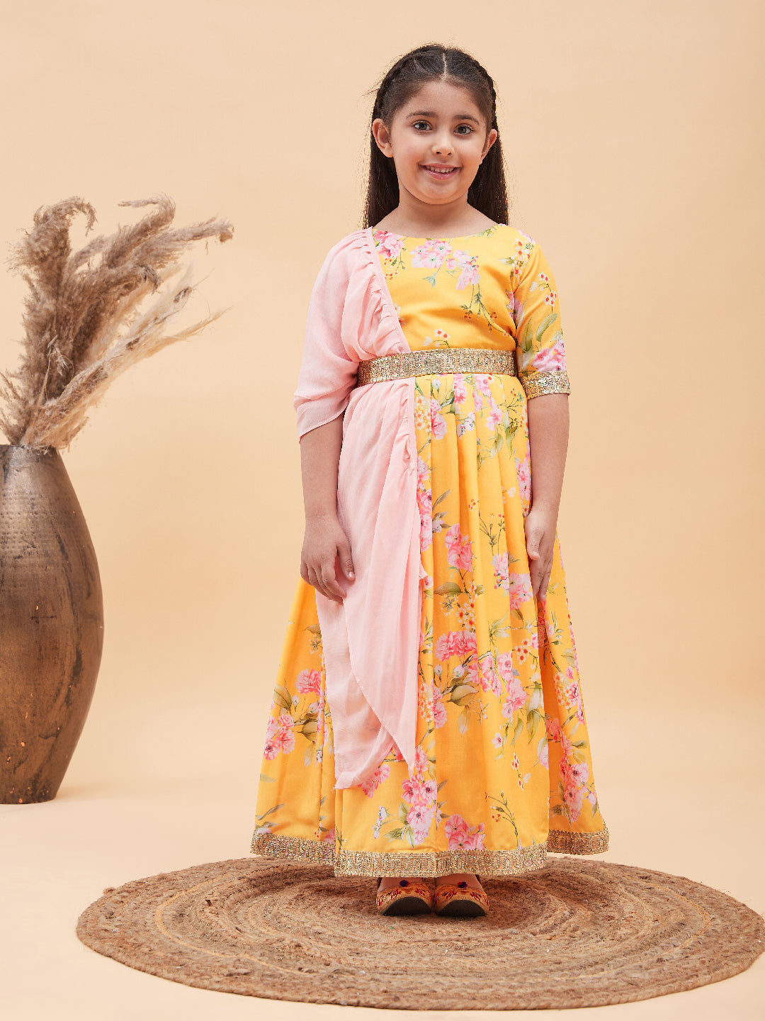 VASTRAMAY Girl's Yellow Floral Print Lehenga Set - qivii