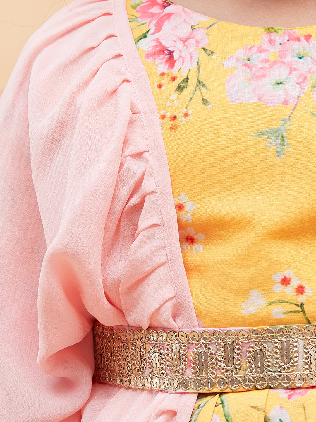 VASTRAMAY Girl's Yellow Floral Print Lehenga Set - qivii