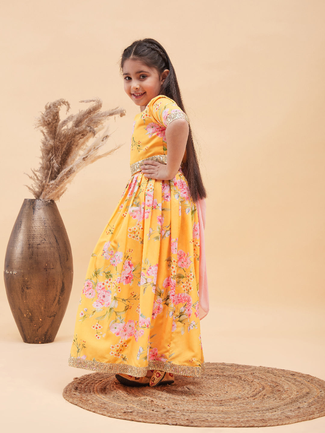 VASTRAMAY Girl's Yellow Floral Print Lehenga Set - qivii