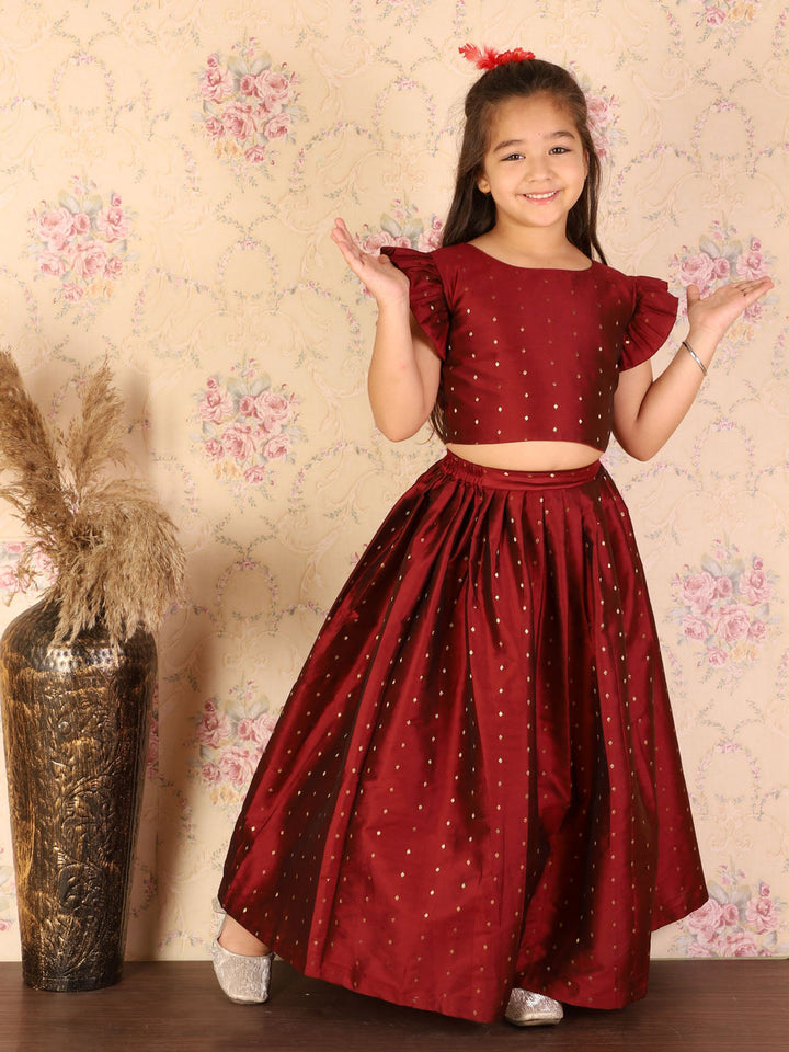 VASTRAMAY Girl's Maroon Woven Design Booti Crop Top And Long Skirt Set - qivii