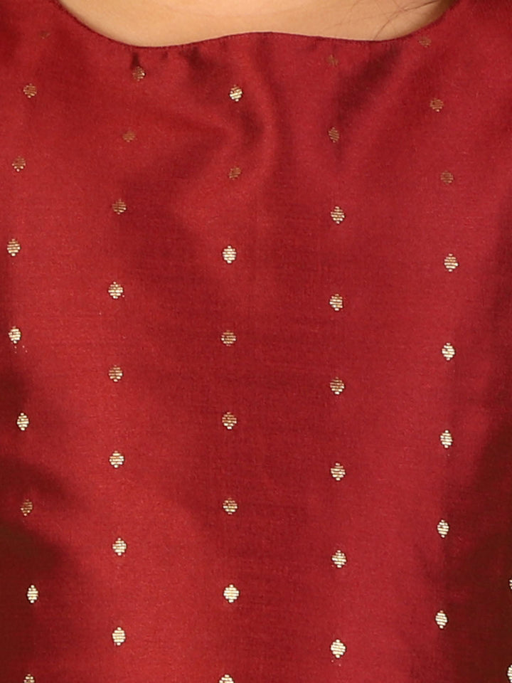 VASTRAMAY Girl's Maroon Woven Design Booti Crop Top And Long Skirt Set - qivii