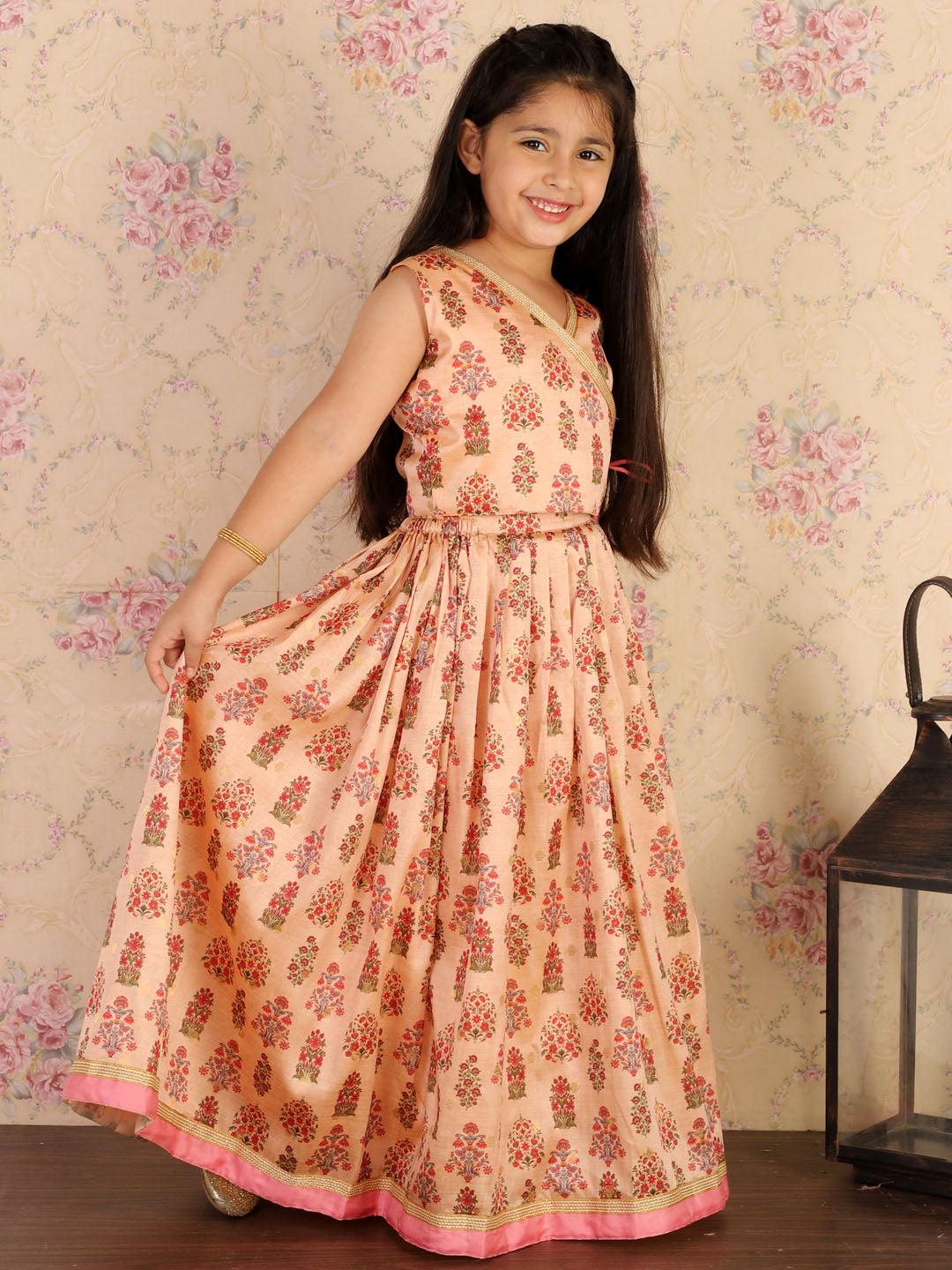 VASTRAMAY Girl's Peach Printed Silk Blend Crop Top & Pleated Long Skirt Set - qivii