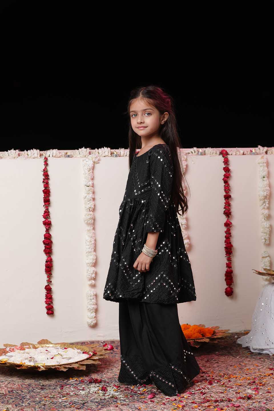 VASTRAMAY Girl's Black Mirror Work Flared Kurta And Long Skirt Set - qivii