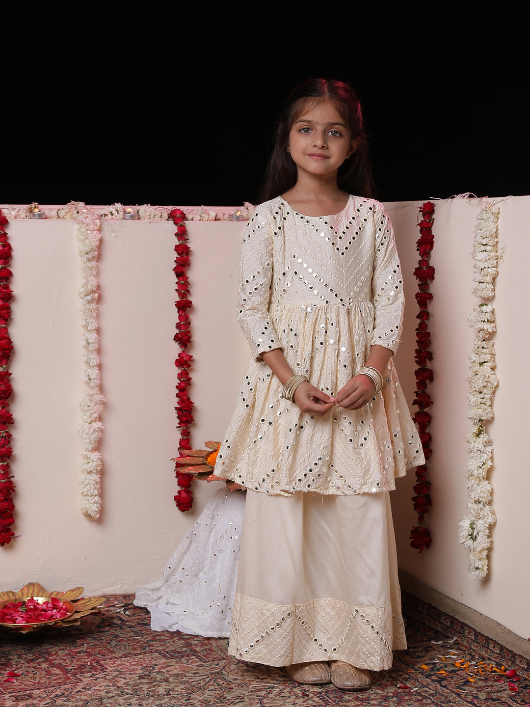 VASTRAMAY Girl's Cream Mirror Work Flair Kurti With Mirror Bordered Long Skirt Set - qivii