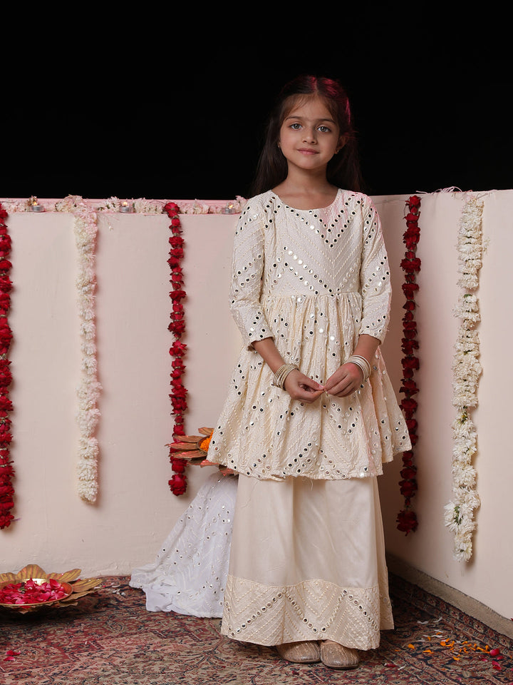 VASTRAMAY Girl's Cream Mirror Work Flair Kurti With Mirror Bordered Long Skirt Set - qivii