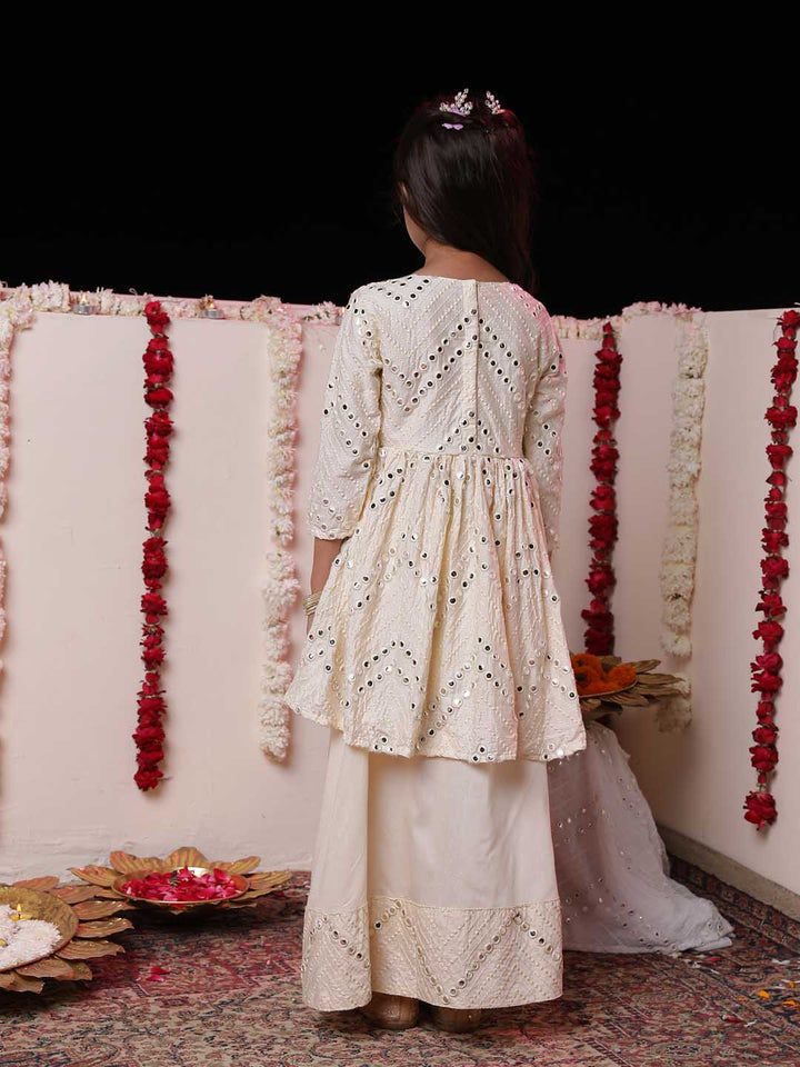 VASTRAMAY Girl's Cream Mirror Work Flair Kurti With Mirror Bordered Long Skirt Set - qivii