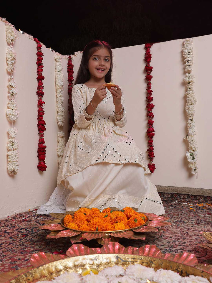 VASTRAMAY Girl's Cream Mirror Work Flair Kurti With Mirror Bordered Long Skirt Set - qivii