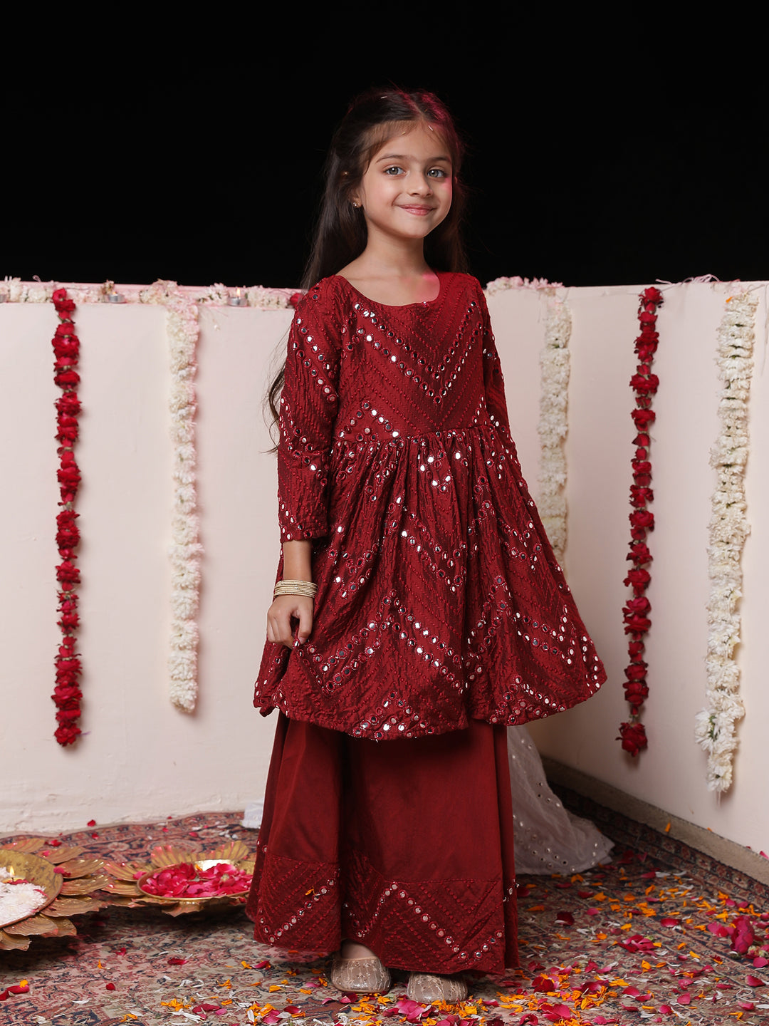 VASTRAMAY Girl's Maroon Mirror Work Flared Kurta Long Skirt Set - qivii