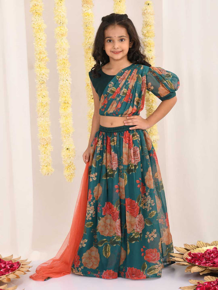 VASTRAMAY Girls'  Green Printed Organza Lehenga With Dupatta Set - qivii