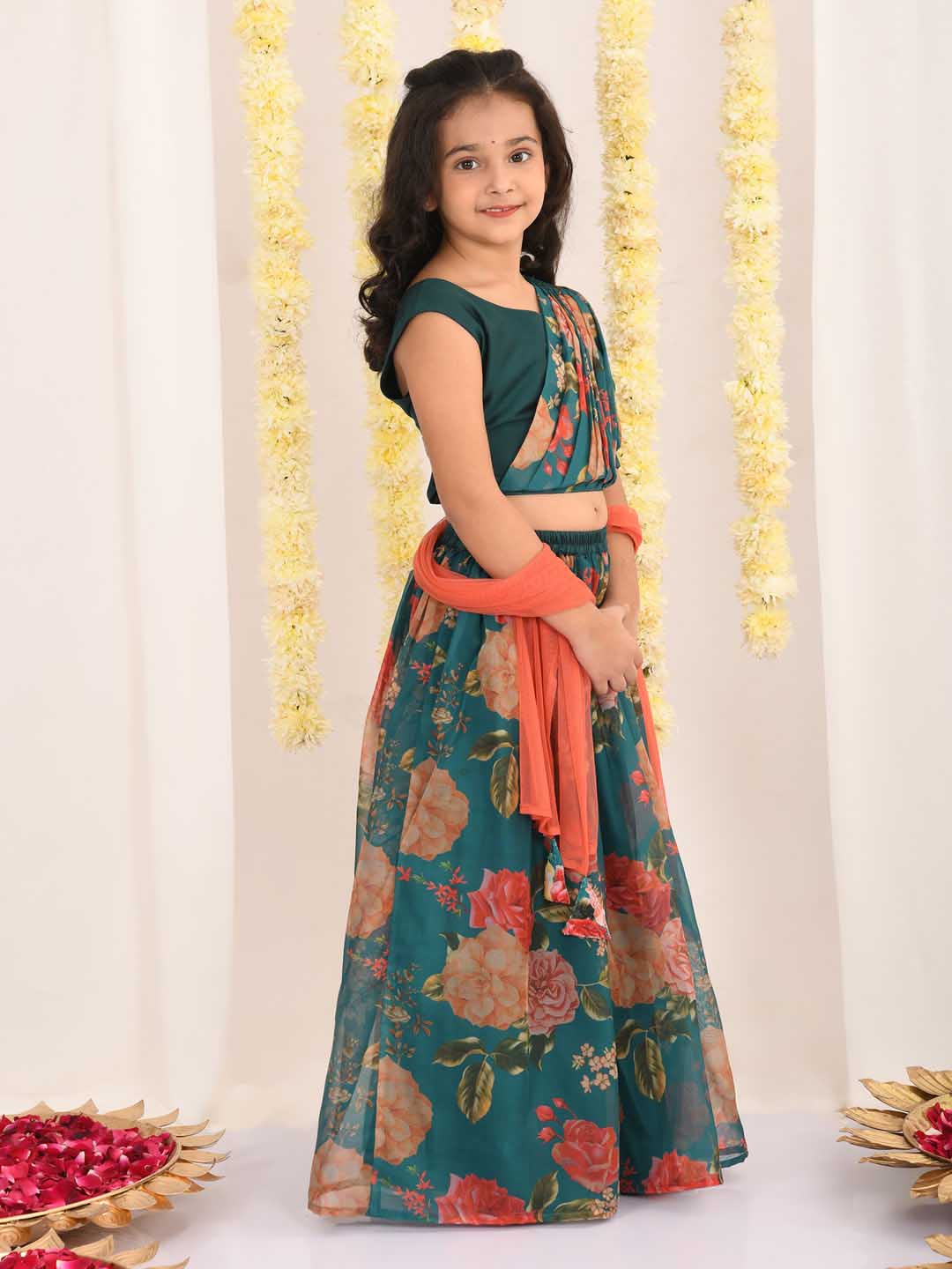 VASTRAMAY Girls'  Green Printed Organza Lehenga With Dupatta Set - qivii