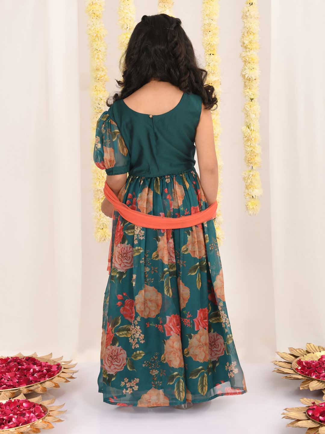 VASTRAMAY Girls'  Green Printed Organza Lehenga With Dupatta Set - qivii