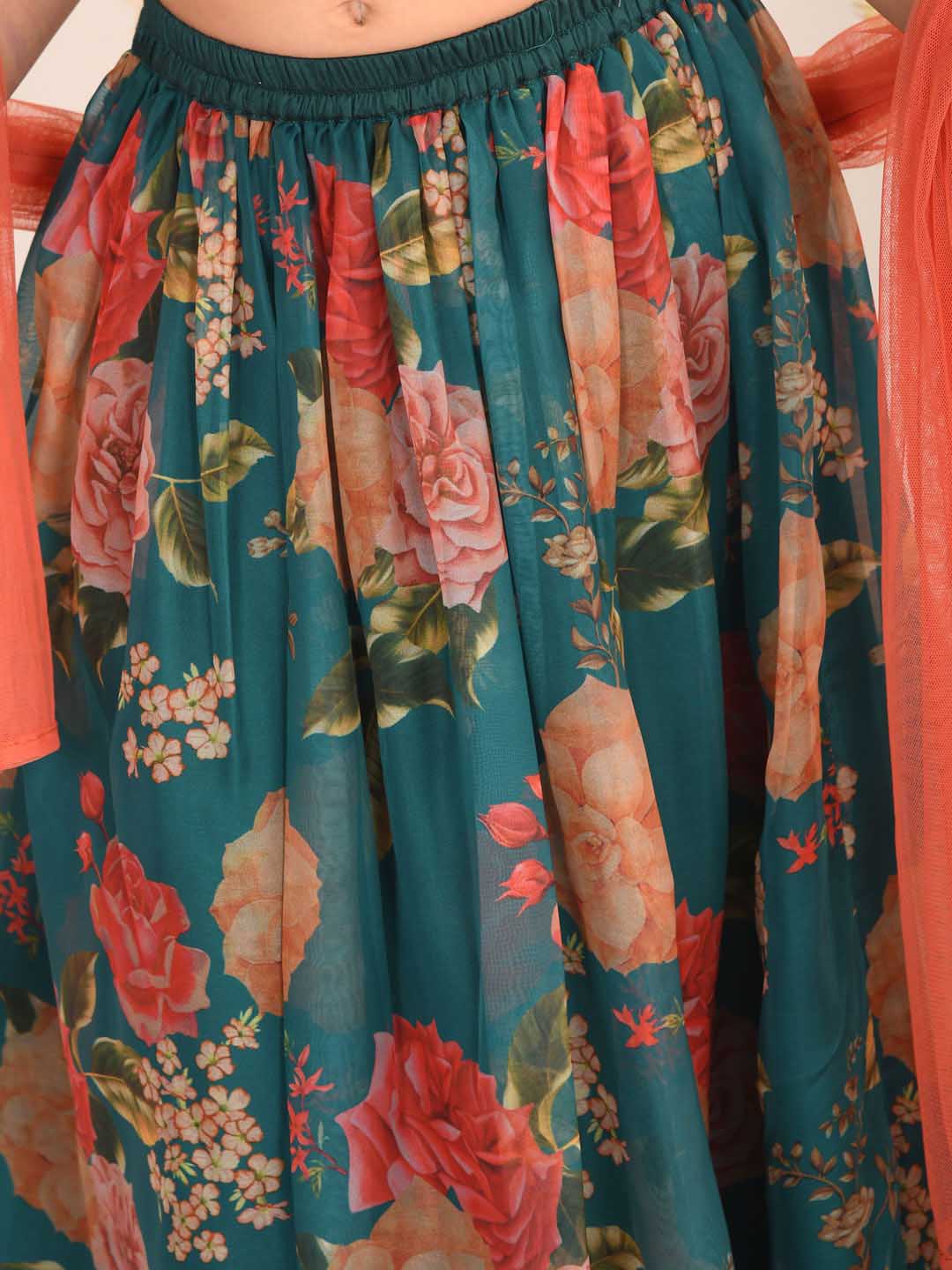 VASTRAMAY Girls'  Green Printed Organza Lehenga With Dupatta Set - qivii