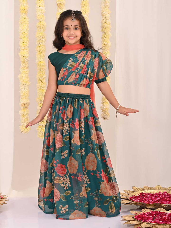 VASTRAMAY Girls'  Green Printed Organza Lehenga With Dupatta Set - qivii