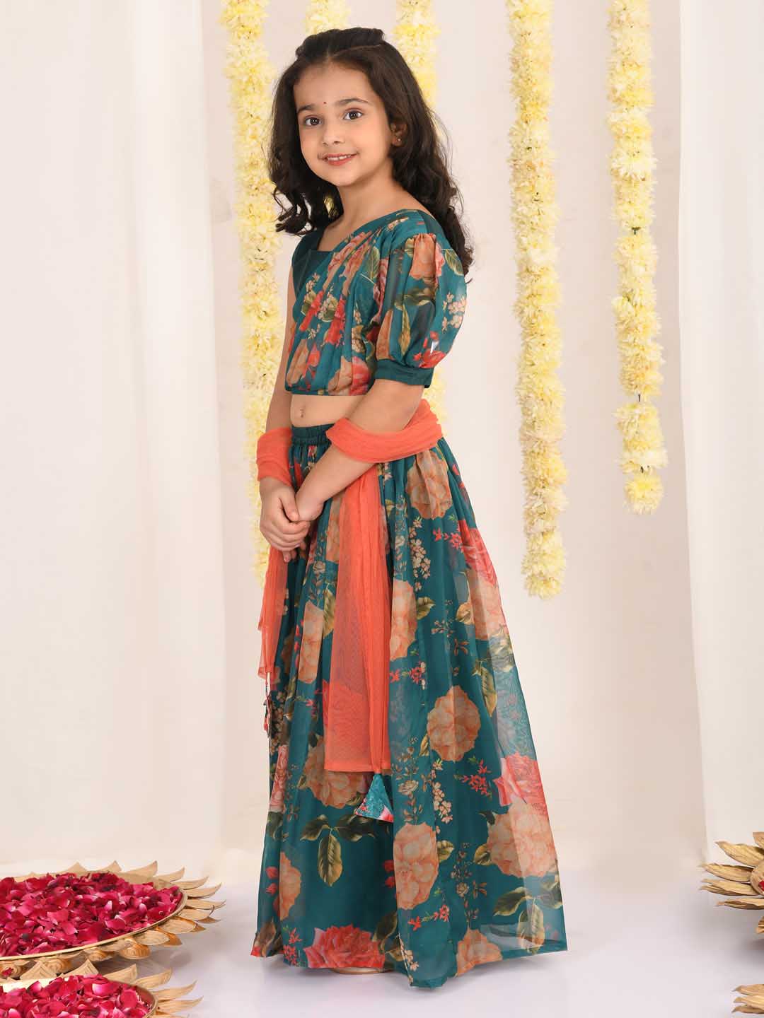 VASTRAMAY Girls'  Green Printed Organza Lehenga With Dupatta Set - qivii
