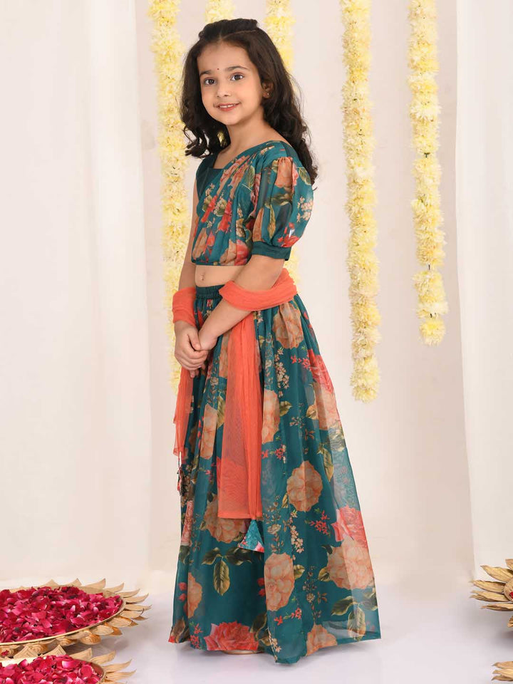 VASTRAMAY Girls'  Green Printed Organza Lehenga With Dupatta Set - qivii