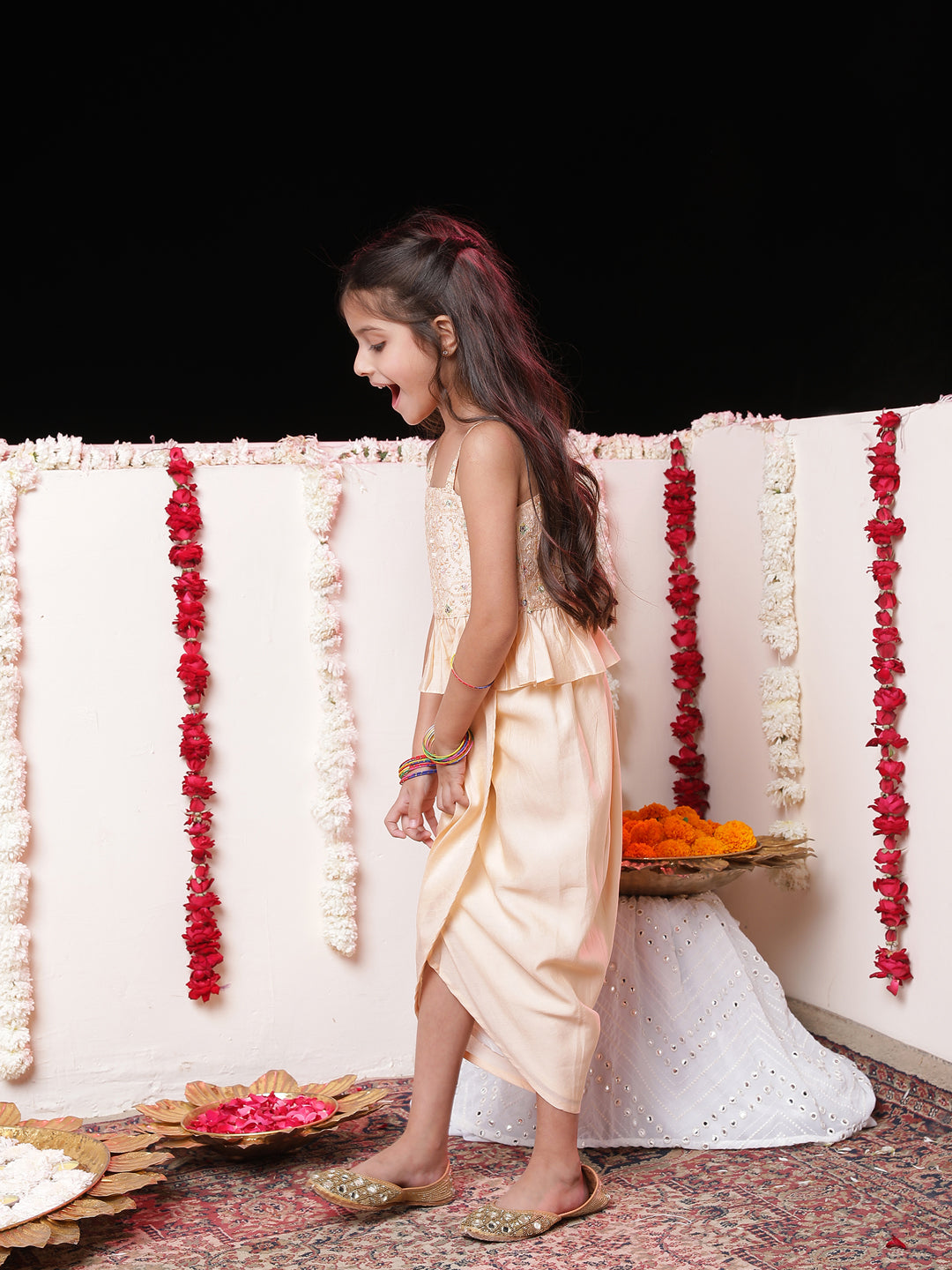 VASTRAMAY Girls' Peach Cotton Blend Embroidered Top With Draped Skirt - qivii