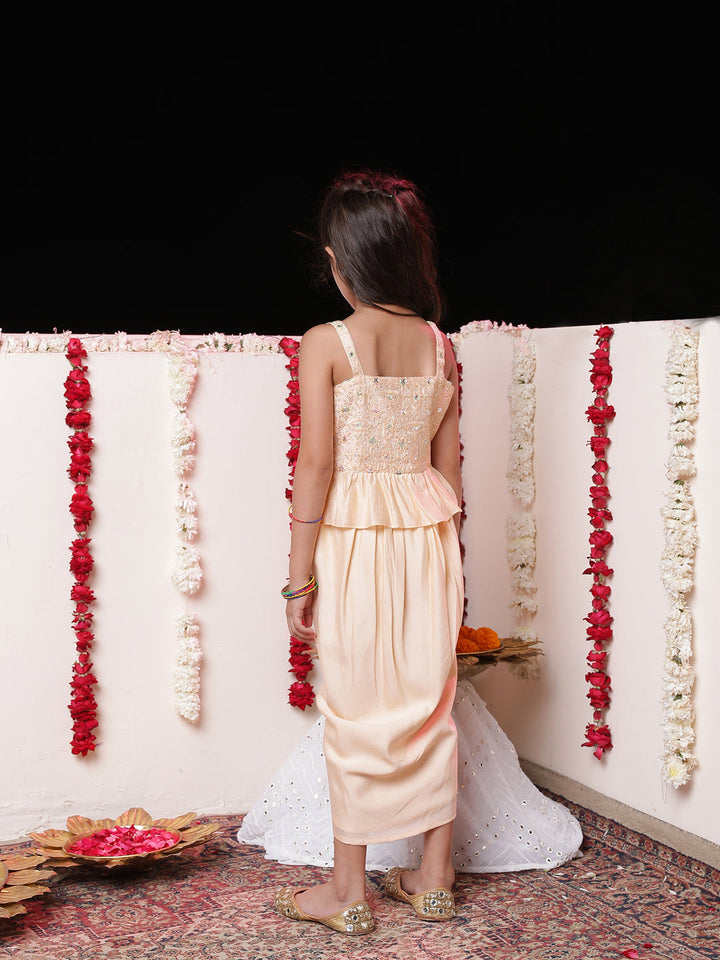 VASTRAMAY Girls' Peach Cotton Blend Embroidered Top With Draped Skirt - qivii