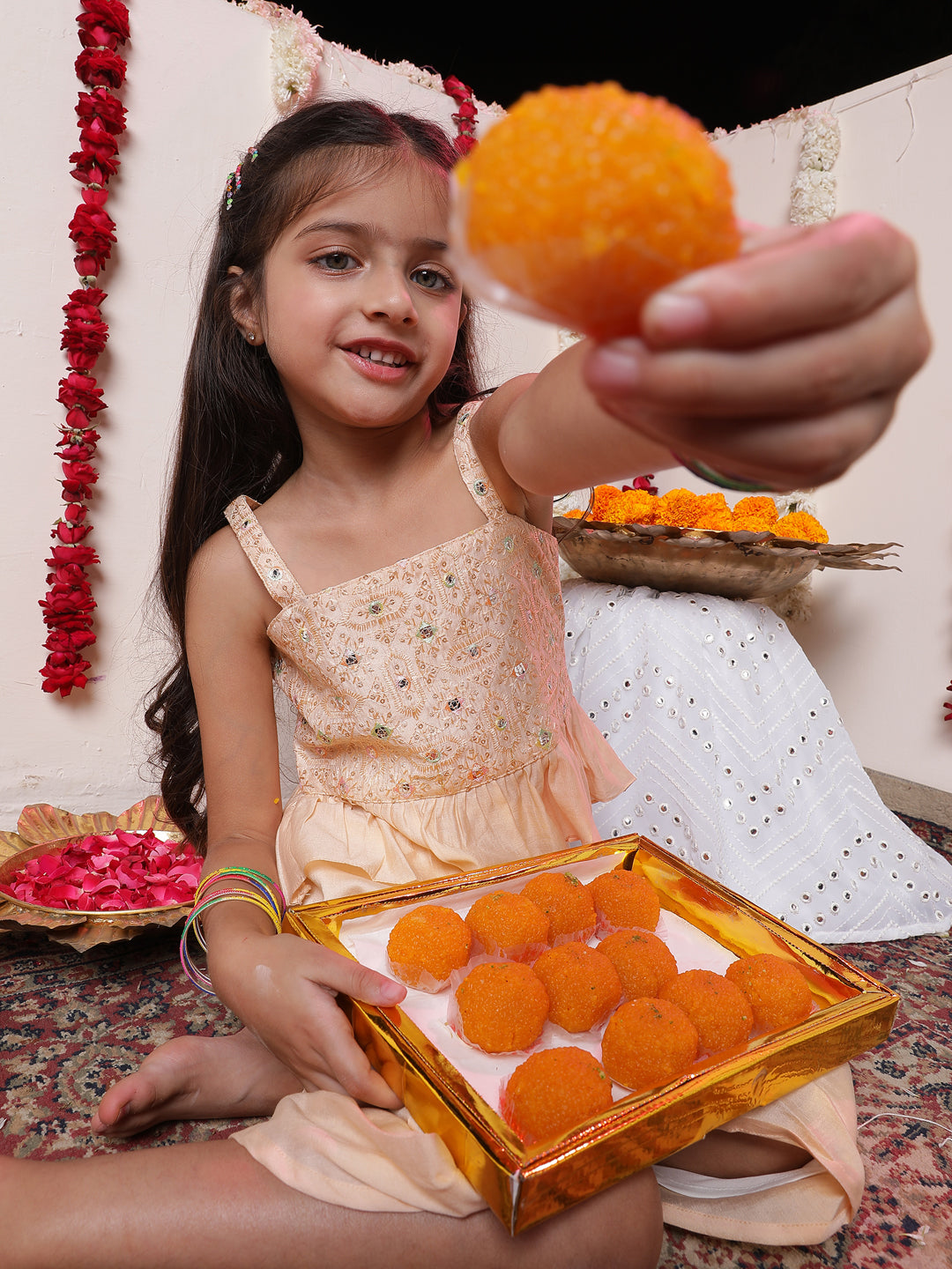 VASTRAMAY Girls' Peach Cotton Blend Embroidered Top With Draped Skirt - qivii