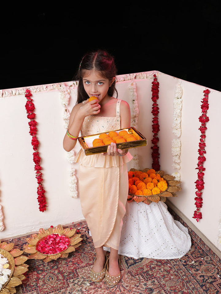 VASTRAMAY Girls' Peach Cotton Blend Embroidered Top With Draped Skirt - qivii