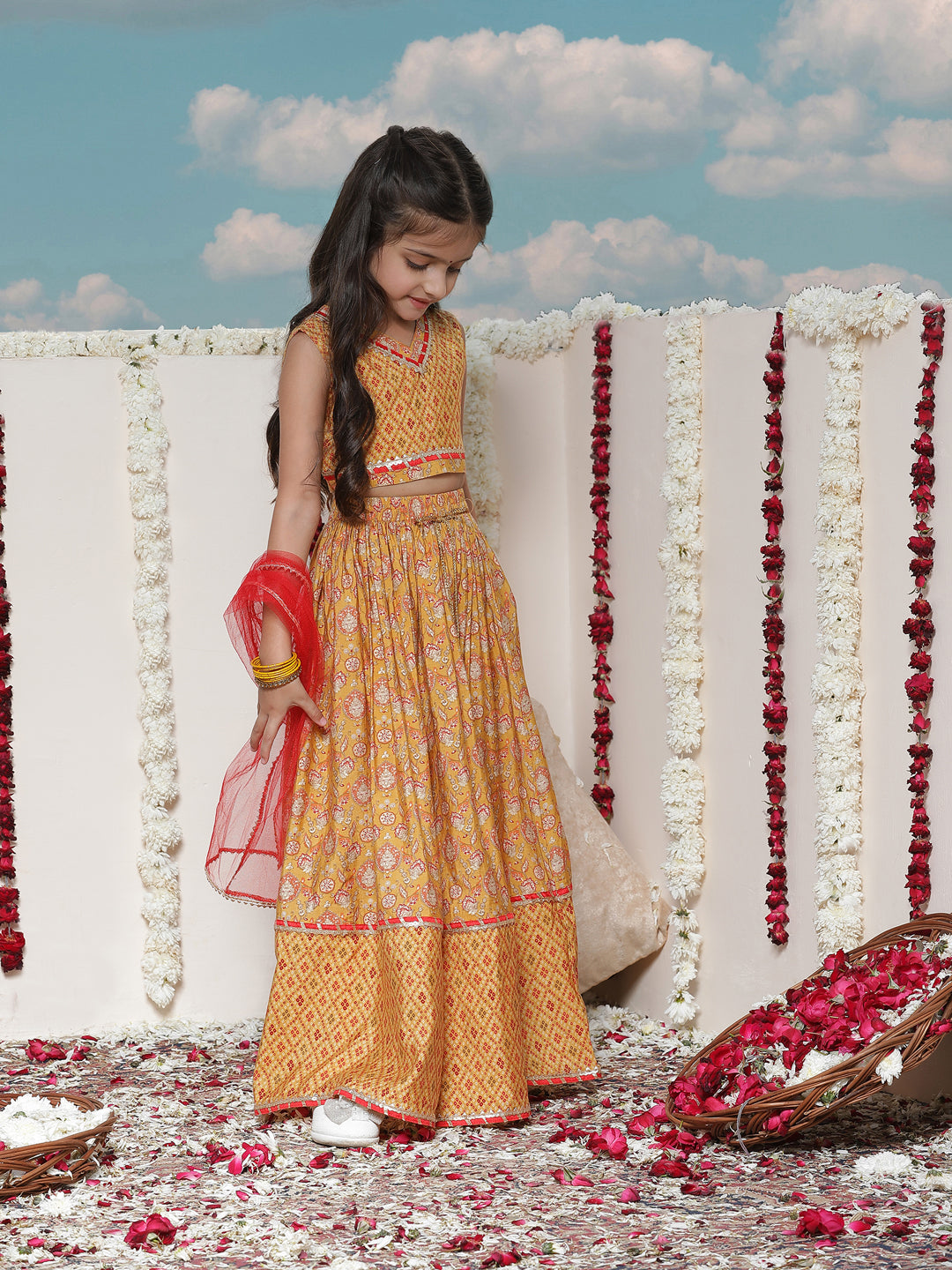 VASTRAMAY Girls' Floral Printed Lehenga Choli With Dupatta - qivii