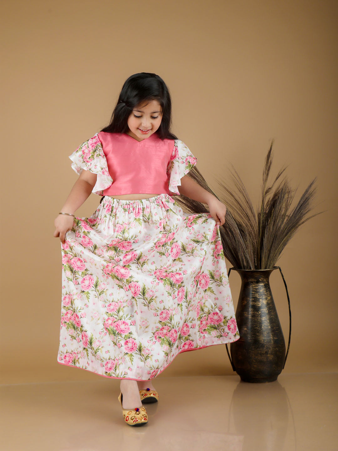 VASTRAMAY Girl's Printed Skirt And Ruffle Crop Top Set - qivii