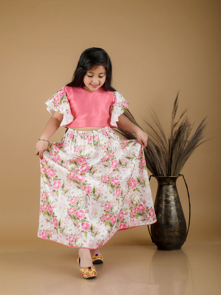 VASTRAMAY Girl's Printed Skirt And Ruffle Crop Top Set - qivii