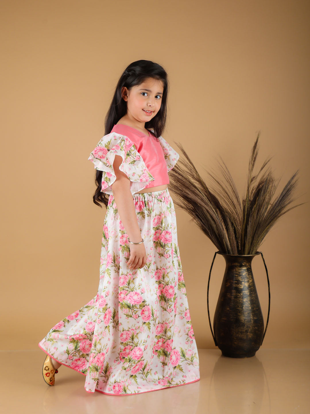 VASTRAMAY Girl's Printed Skirt And Ruffle Crop Top Set - qivii