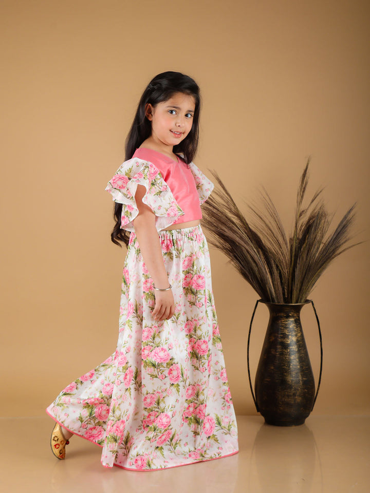 VASTRAMAY Girl's Printed Skirt And Ruffle Crop Top Set - qivii