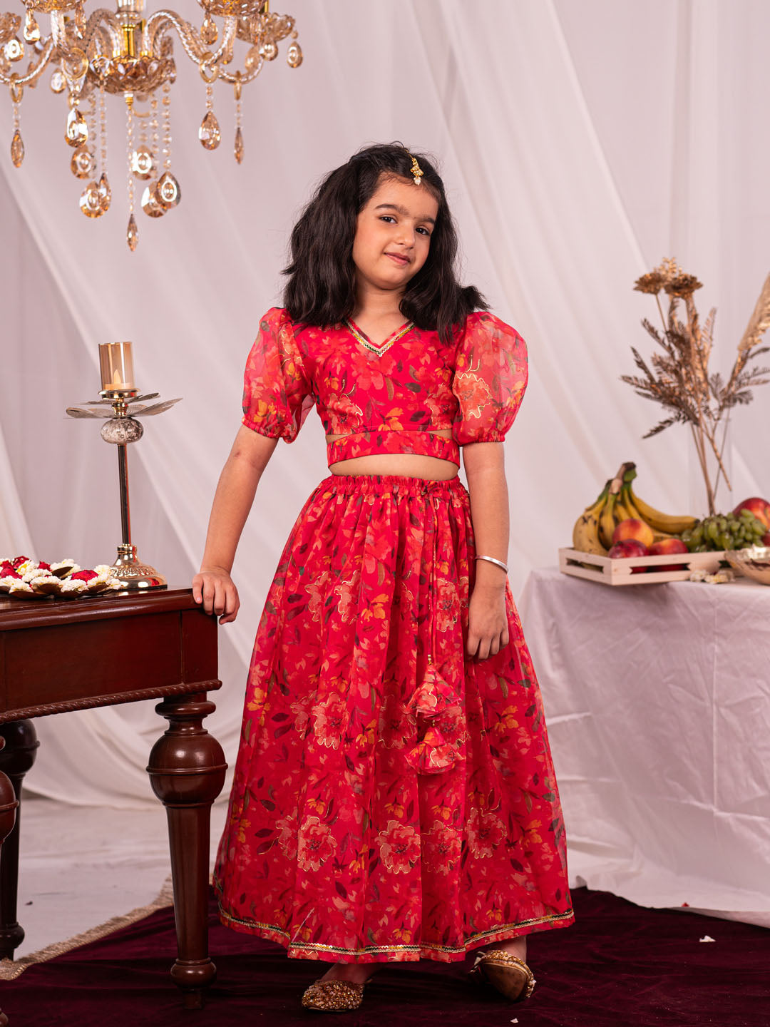 VASTRAMAY Girls' Pink Printed Organza Lehenga Set - qivii