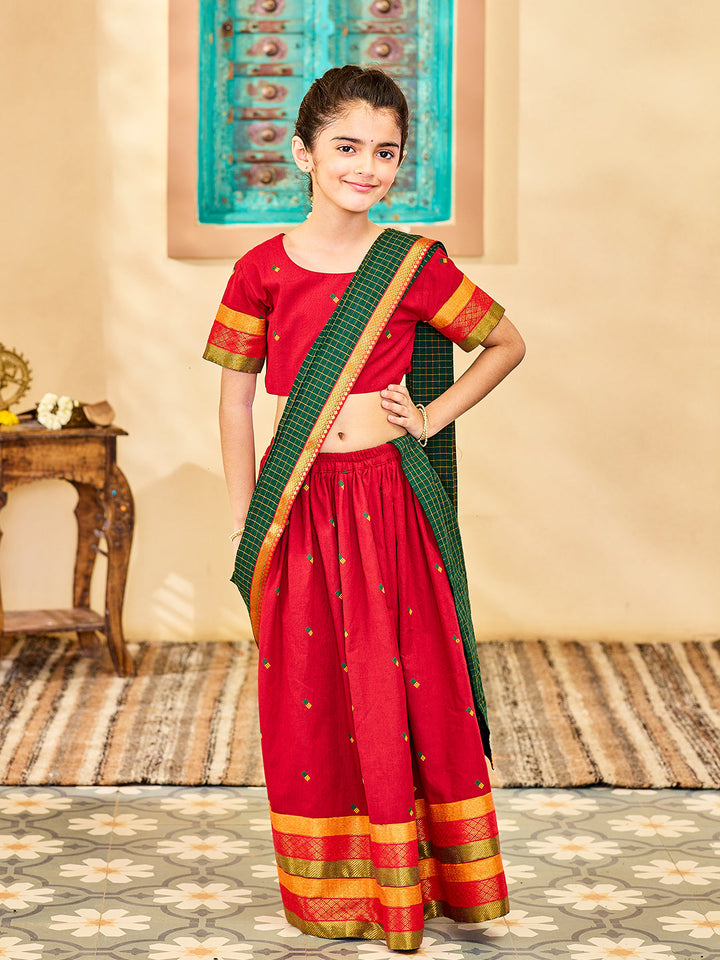 VASTRAMAY Girls' Maroon And Green Lehenga Set - qivii