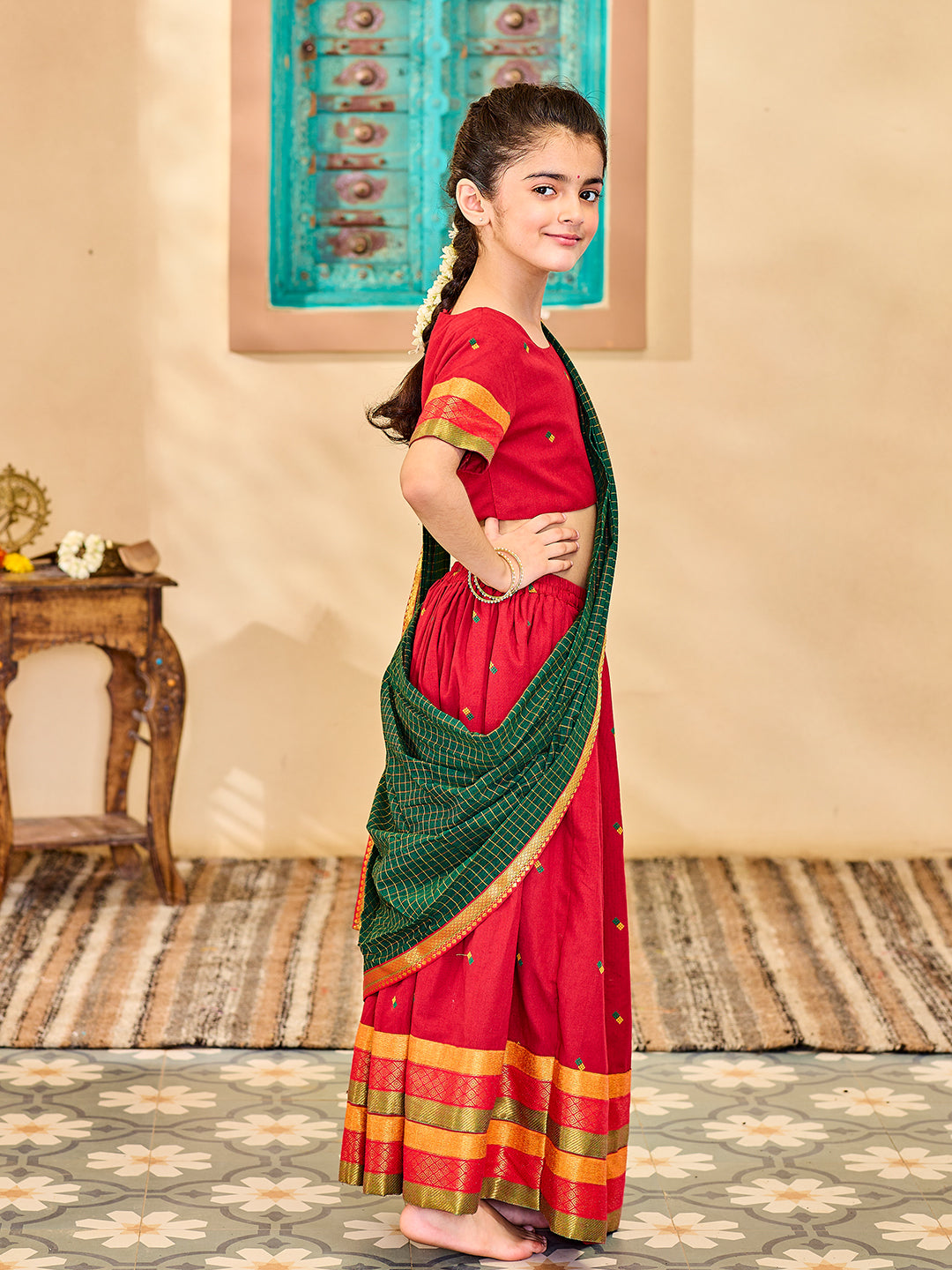 VASTRAMAY Girls' Maroon And Green Lehenga Set - qivii