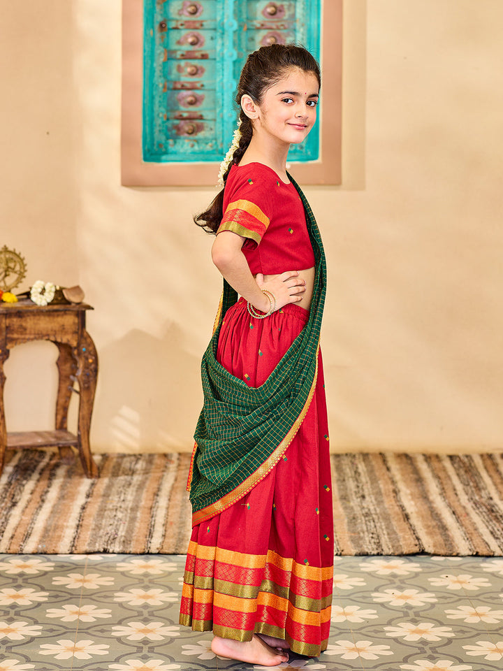 VASTRAMAY Girls' Maroon And Green Lehenga Set - qivii