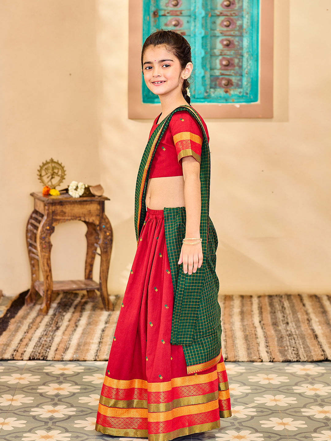 VASTRAMAY Girls' Maroon And Green Lehenga Set - qivii