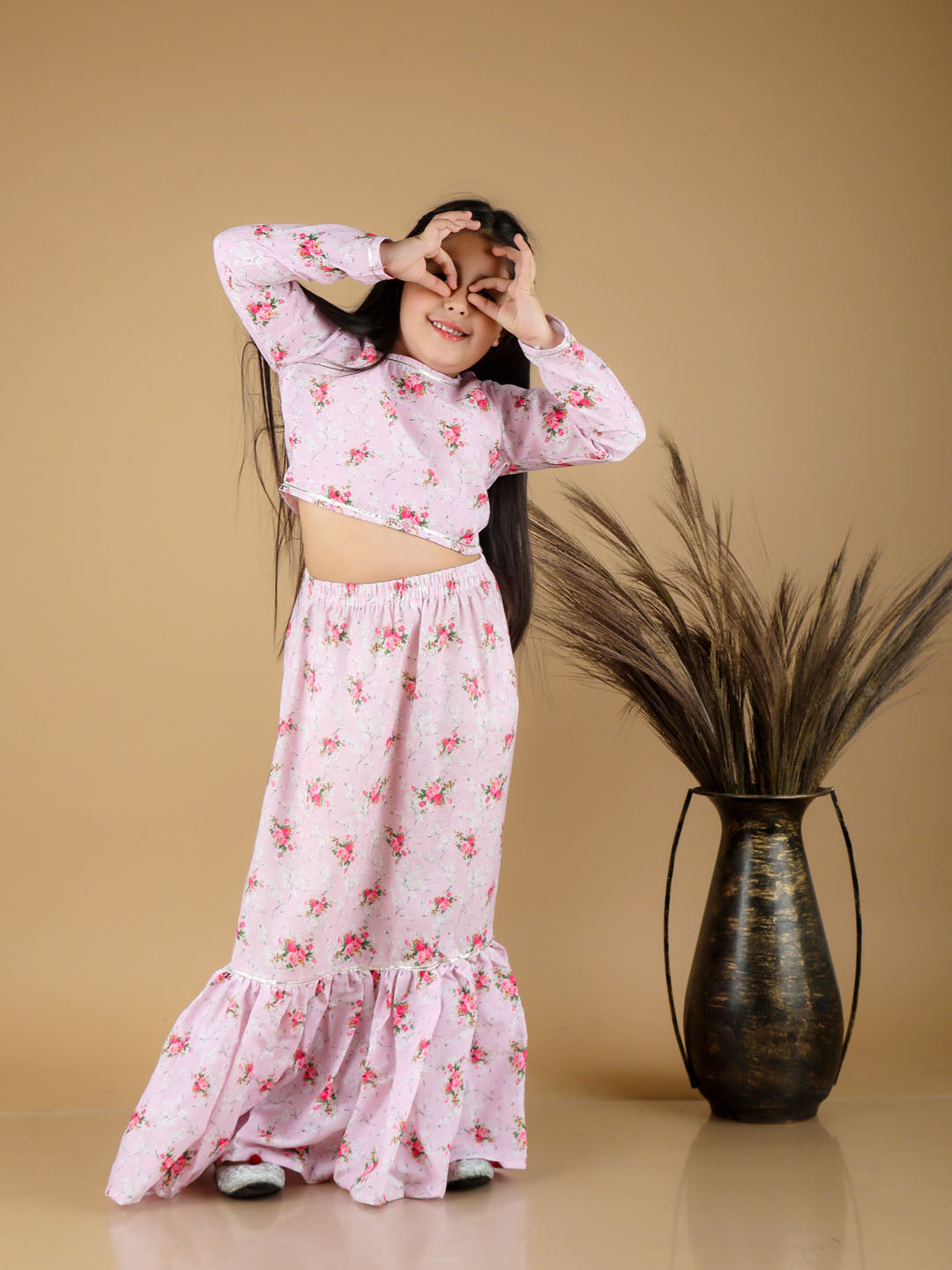 VASTRAMAY Girl's Printed Linen Crop Top And Ruffle Skirt Set - qivii