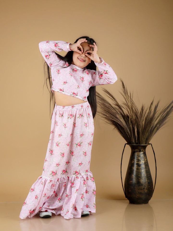 VASTRAMAY Girl's Printed Linen Crop Top And Ruffle Skirt Set - qivii