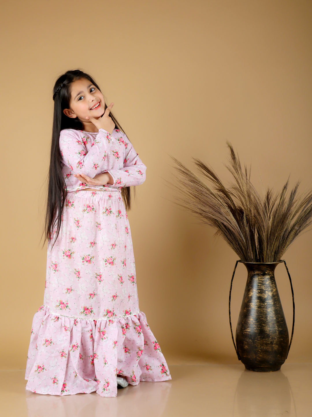 VASTRAMAY Girl's Printed Linen Crop Top And Ruffle Skirt Set - qivii