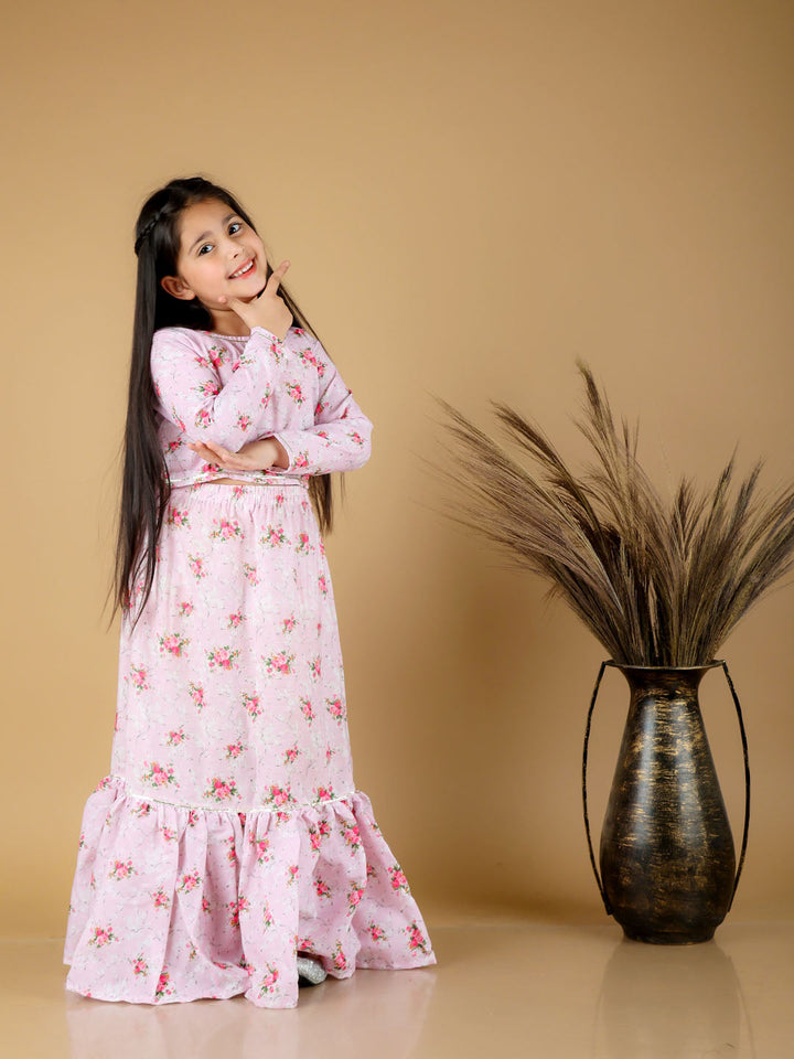 VASTRAMAY Girl's Printed Linen Crop Top And Ruffle Skirt Set - qivii