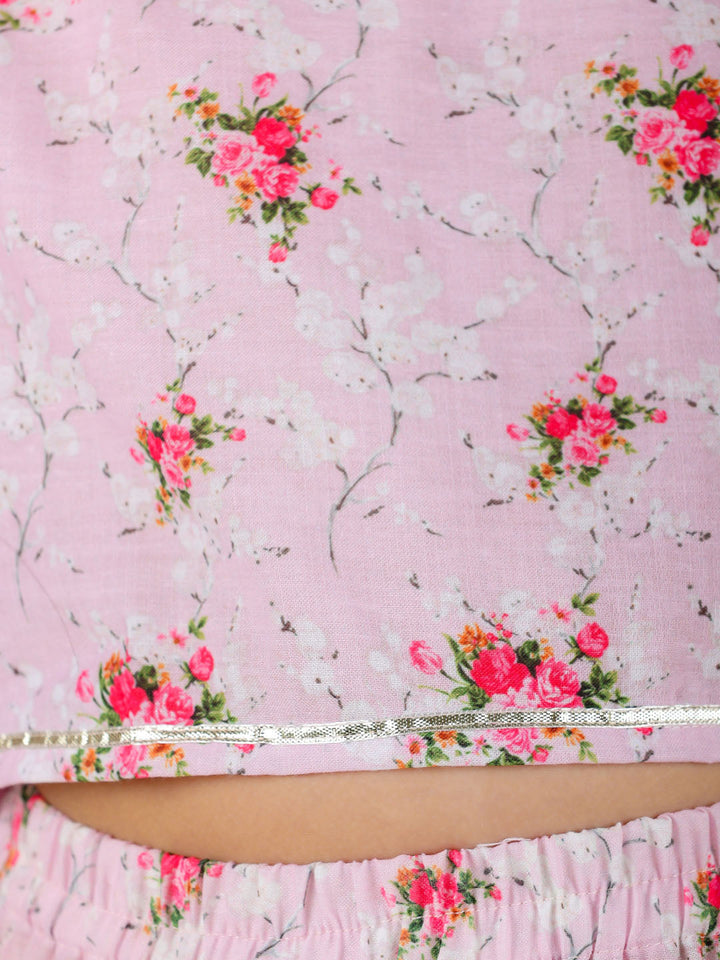 VASTRAMAY Girl's Printed Linen Crop Top And Ruffle Skirt Set - qivii