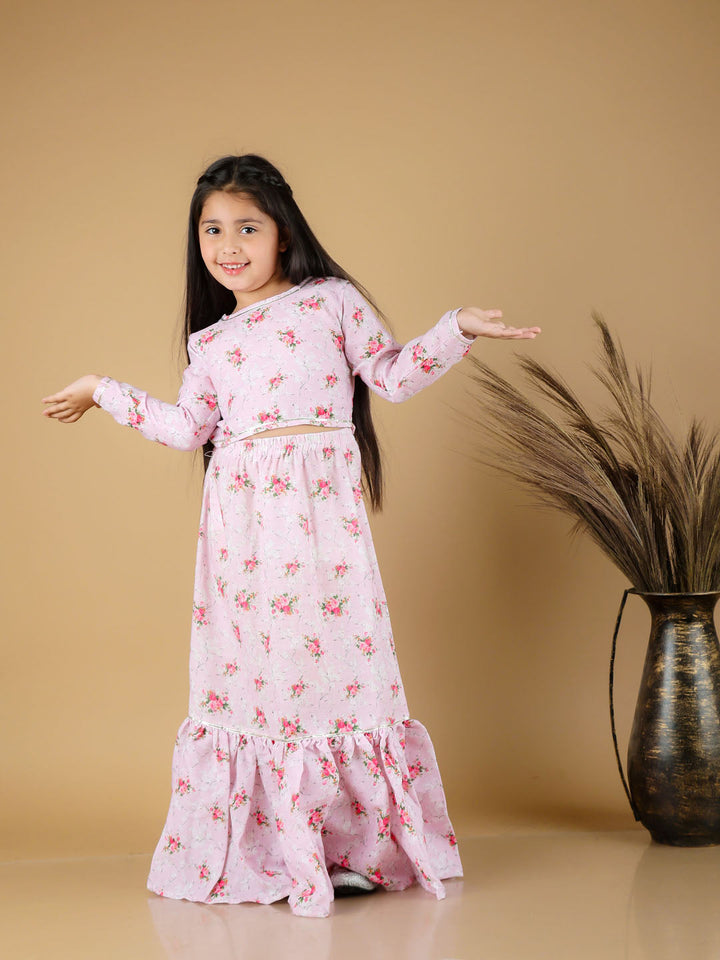 VASTRAMAY Girl's Printed Linen Crop Top And Ruffle Skirt Set - qivii