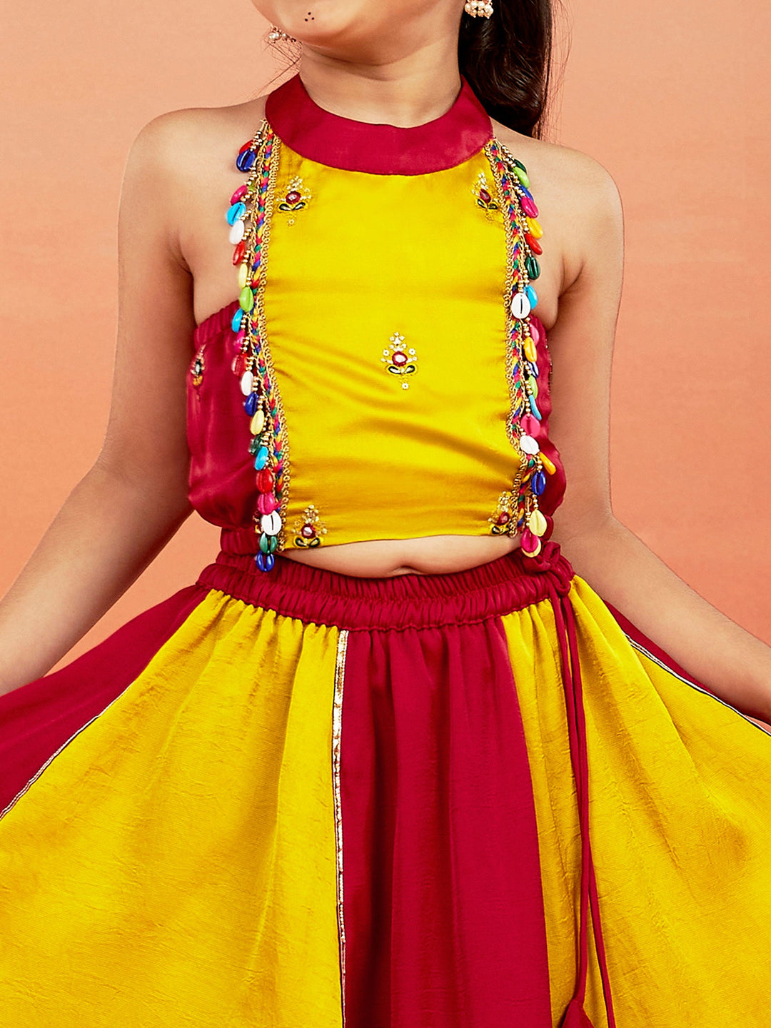 VASTRAMAY Girls' Yellow And Red Lehenga Set - qivii