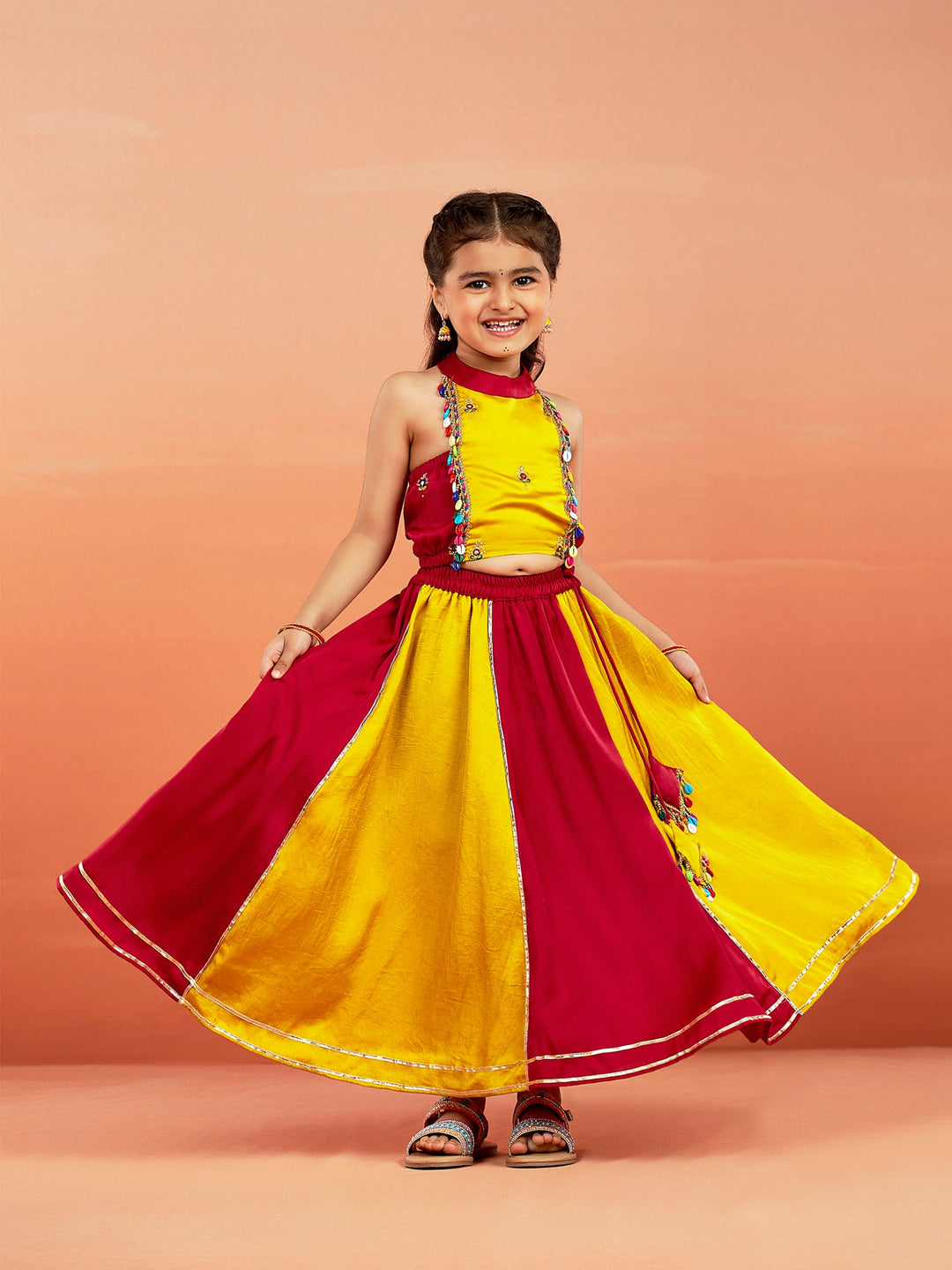 VASTRAMAY Girls' Yellow And Red Lehenga Set - qivii
