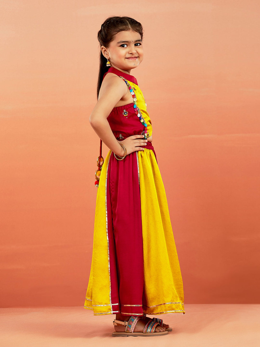 VASTRAMAY Girls' Yellow And Red Lehenga Set - qivii