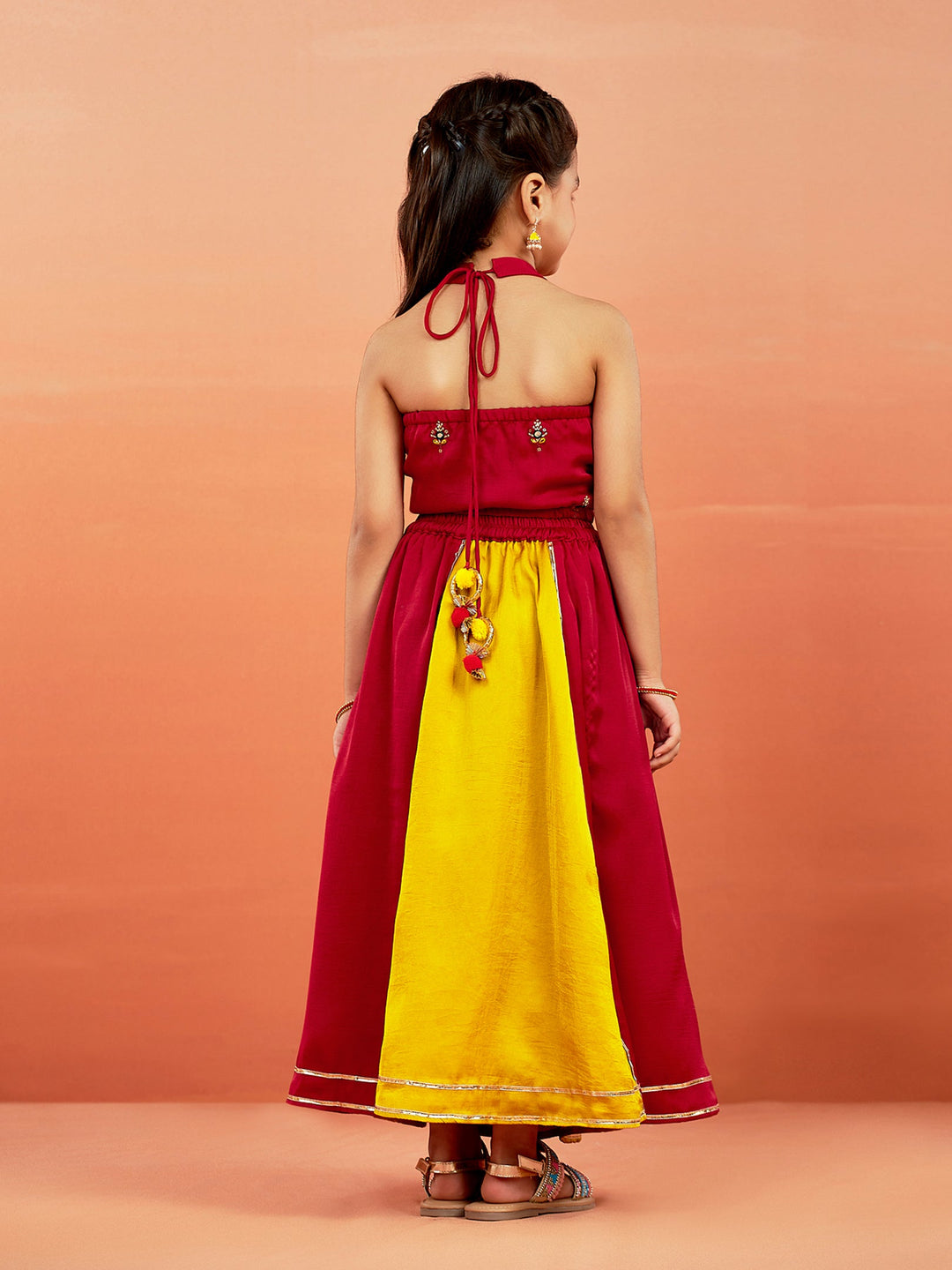 VASTRAMAY Girls' Yellow And Red Lehenga Set - qivii