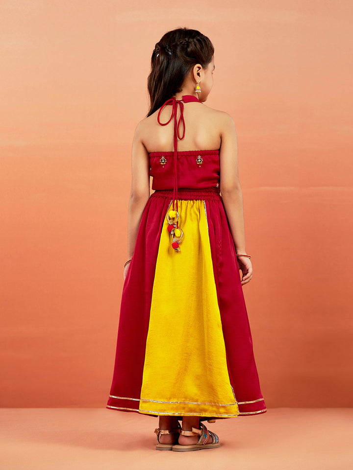 VASTRAMAY Girls' Yellow And Red Lehenga Set - qivii