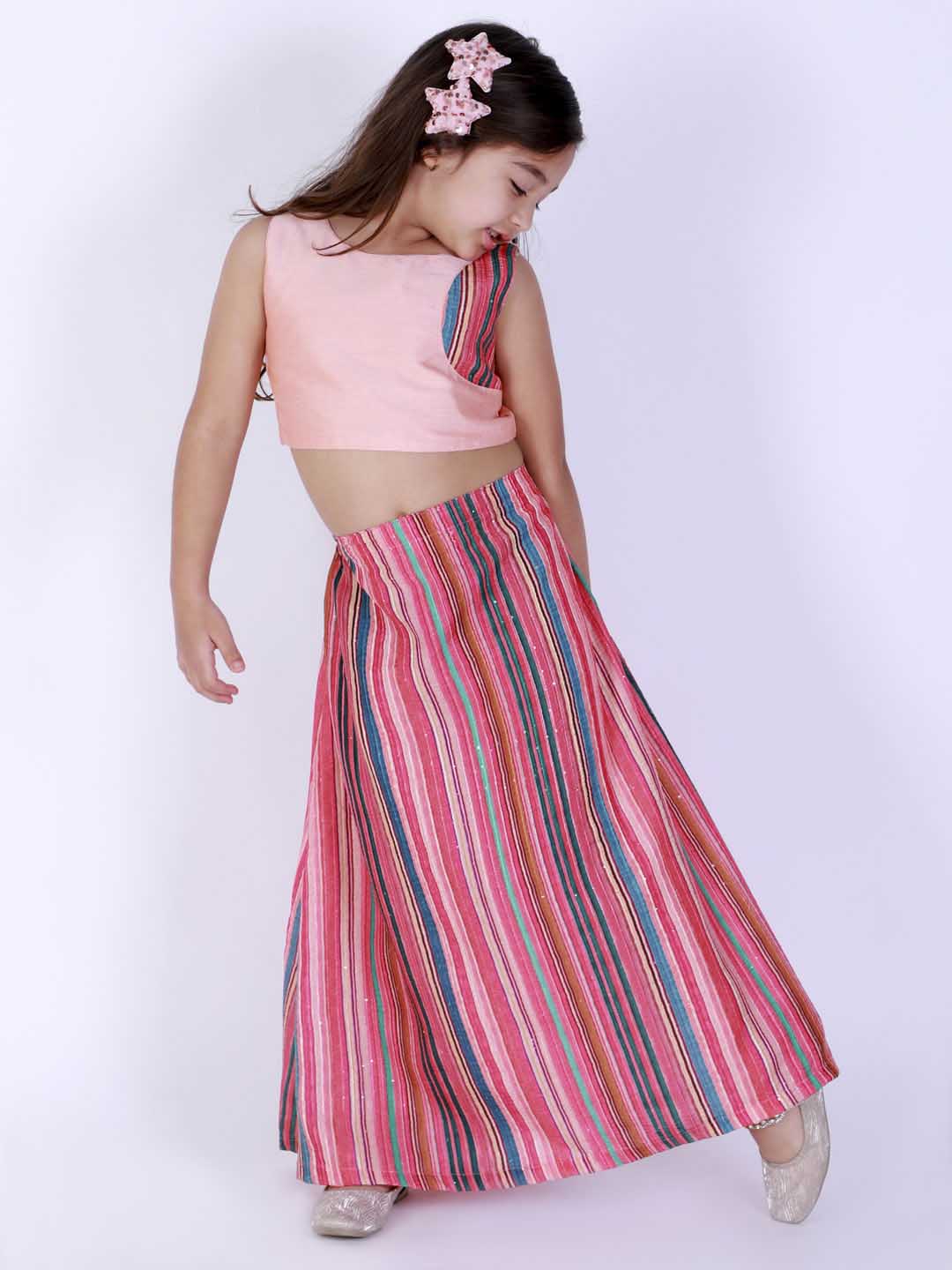 Vastramay Girl's Pink Striped Skirt With Pink Crop Top - qivii