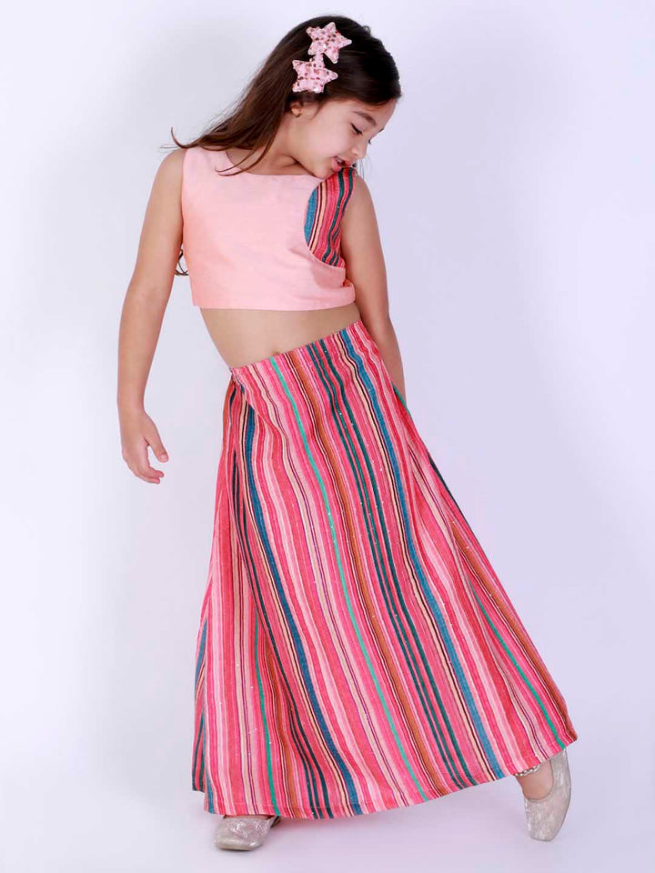 Vastramay Girl's Pink Striped Skirt With Pink Crop Top - qivii
