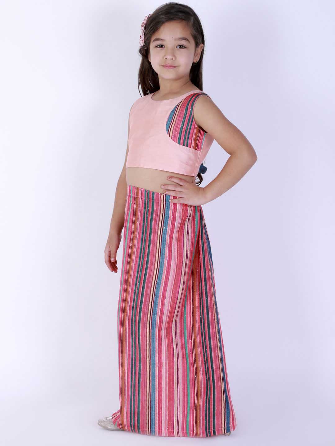Vastramay Girl's Pink Striped Skirt With Pink Crop Top - qivii