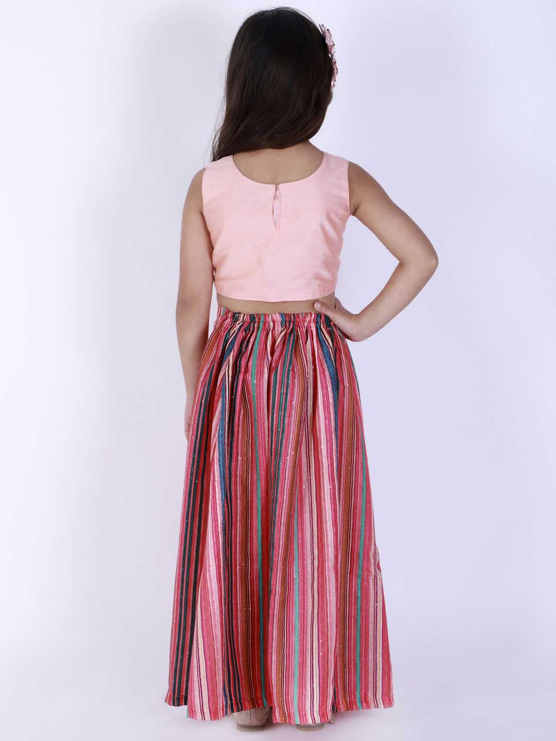 Vastramay Girl's Pink Striped Skirt With Pink Crop Top - qivii